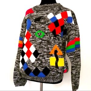 VTG 3D 80s Sweater Geometric Faux Leather Accents Crazy Colors Medium
